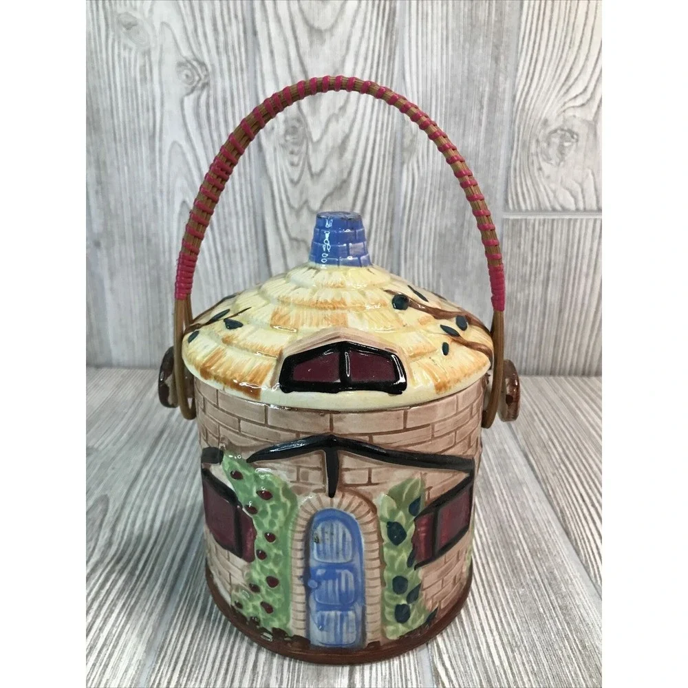 VTG Ceramic Cottage House Cookie Jar Biscuit Barrel Wicker Handle Hand Painted